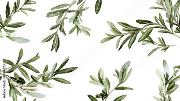 Fototapeta Dynamic arrangement of crossing rosemary branches with detailed leaf structures, dramatic watercolor bleeds and controlled splashes create organic texture, deep green pigments with hints of silver