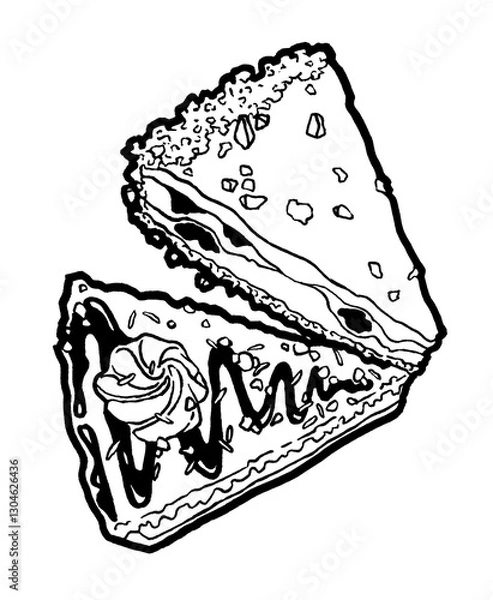 Fototapeta Piece of cake, icing, nuts, chocolate cream, bakery, hazelnuts. Ink hand drawing. Food, vegetables and fruit isolated on white background. Book illustration, recipe, menu, magazine or journal

