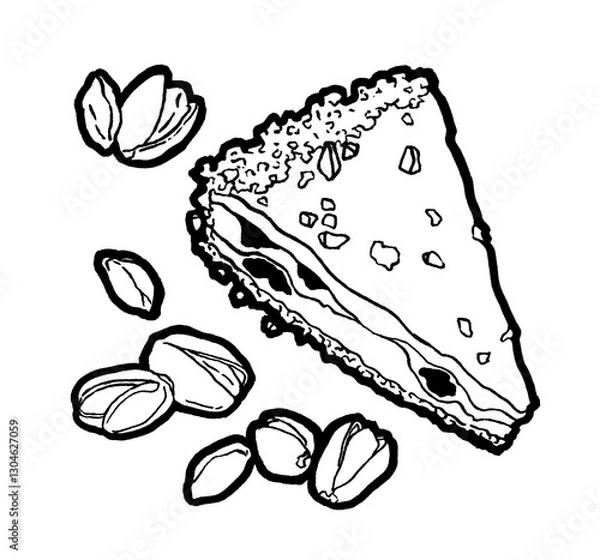 Fototapeta Piece of cake, icing, nuts, chocolate cream, bakery, hazelnuts. Ink hand drawing. Food, vegetables and fruit isolated on white background. Book illustration, recipe, menu, magazine or journal
