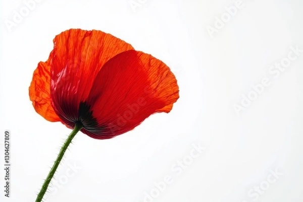 Fototapeta Delicate red poppy blossom on white backdrop for nature-inspired designs and floral aesthetics. Perfect resource for artists, designers, and botanical enthusiasts