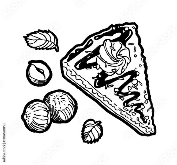 Fototapeta Piece of cake, icing, nuts, chocolate cream, bakery, hazelnuts. Ink hand drawing. Food, vegetables and fruit isolated on white background. Book illustration, recipe, menu, magazine or journal
