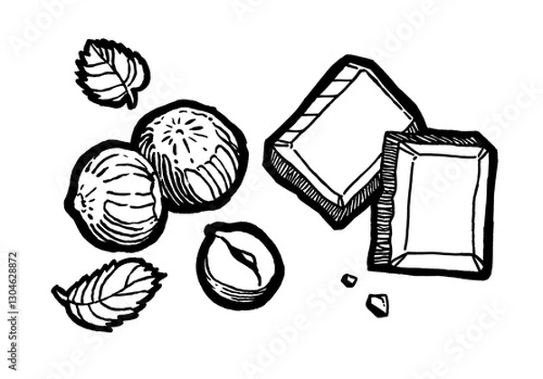 Fototapeta chocolate bar, chocolate drops, nuts, hazelnuts, shells, pieces.Ink hand drawing. Food, vegetables and fruit isolated on white background. Book illustration, recipe, menu, magazine or journal article.