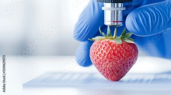 Fototapeta Scientist analyzes strawberry under microscope in lab, blurred equipment in background, for food research