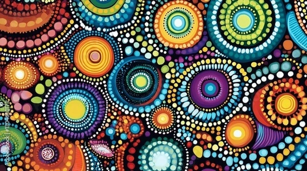 Fototapeta Vibrant abstract pattern featuring colorful circles and dots in various sizes, creating a lively and energetic visual effect.