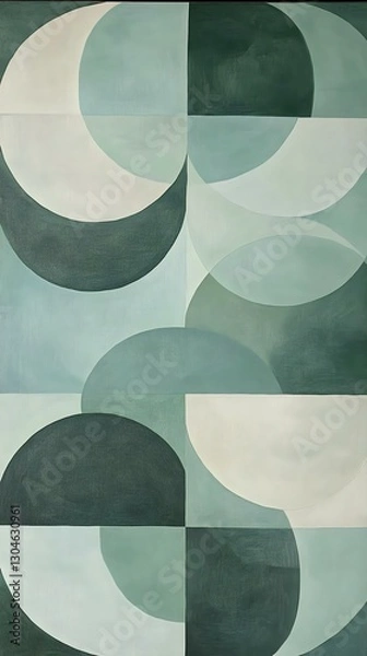 Fototapeta A modern abstract artwork featuring overlapping geometric shapes in soothing green and cream tones, creating a calming visual symphony.
