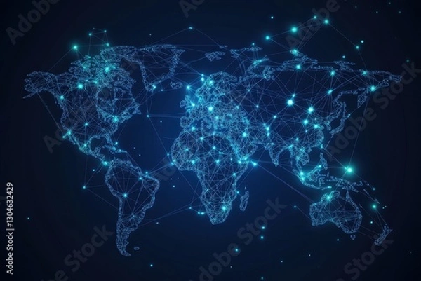 Fototapeta Global network connectivity and international data transfer: world map concept of modern cyber technology