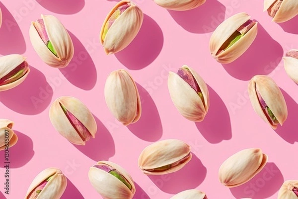 Fototapeta Colorful pistachio nuts arranged on a pink background with shadows and vibrant hues highlighting their textures and shapes