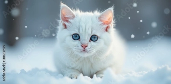 Fototapeta Adorable white cat, blue eyes, gentle snowfall, grey backdrop, majestic, cute