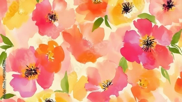 Fototapeta A lively summer wallpaper with abstract florals in fuchsia tangerine and yellow watercolor brushstrokes adding freshness to the composition