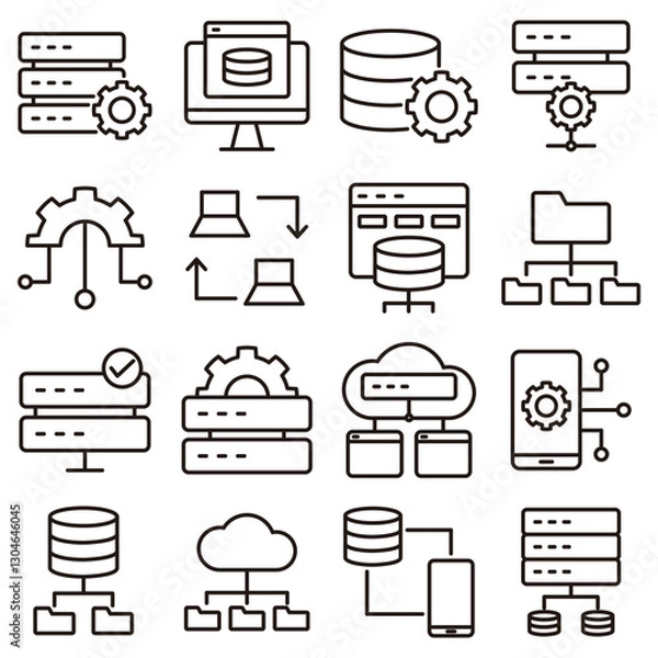 Fototapeta Database Management icon set. Includes of network, server, storage, analysis, folder, and More. Outline icons vector collection