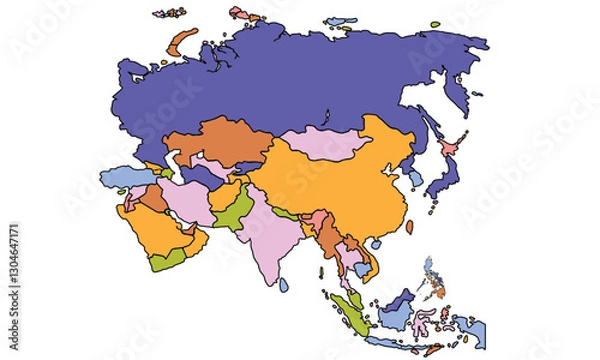 Fototapeta Colorful Asia map isolated on white background. for website layouts, background, education, precise, customizable, Travel worldwide, earth geography, political, reports.