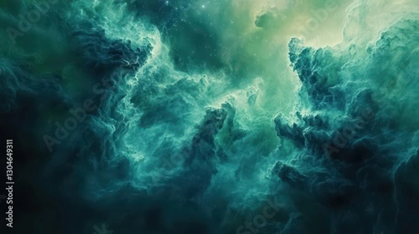 Fototapeta Nebula wallpaper with blue and green clouds radiant particles in cinematic light
