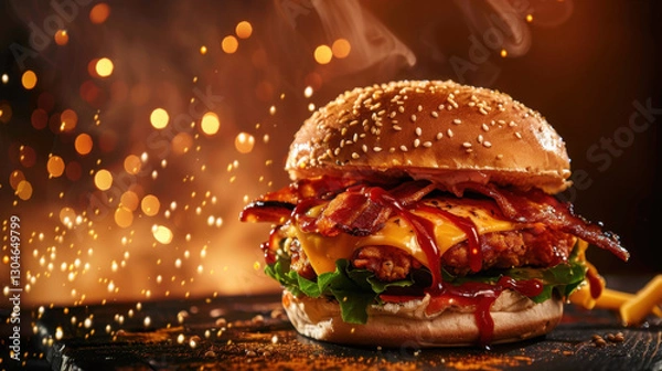 Fototapeta fried chicken burger with melted cheese