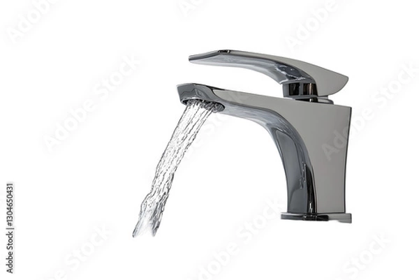 Fototapeta Modern chrome faucet with flowing water and splashing drops, kept on white or transparent background