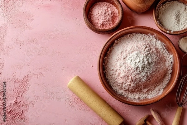 Fototapeta Baking utensils such as a whisk, rolling pin, and spatula are arranged on a pink background to convey a culinary concept