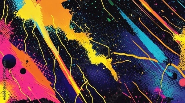 Fototapeta High-energy comic backdrop with halftone dots and neon strokes creating motion