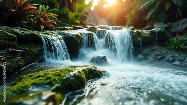 Fototapeta "Serene Close-Up of a Waterfall Cascading Over Mossy Rocks"