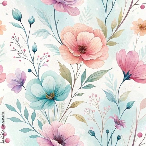 Obraz Soft Watercolor Floral Pattern Gentle Pastel Blooms