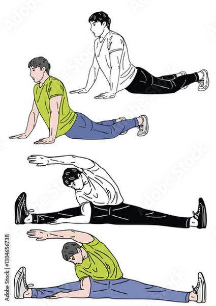 Obraz Flexibility Journey: A detailed illustration sequence showing the process of a person performing dynamic stretching, including multiple movements, showcasing the essence of achieving fitness goals.