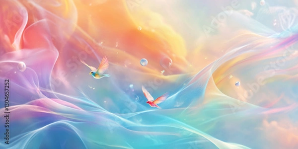 Fototapeta A beautiful pastel background with soft, swirling waves of color and two colorful birds flying in the sky.