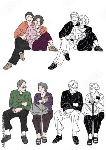 Obraz Loving Embrace: A set of illustrations capturing the timeless bond between couples of different generations.