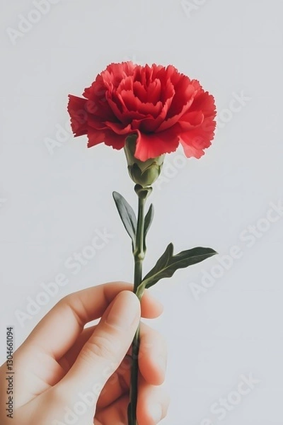 Obraz Hand holding a red carnation flower minimalist background, perfect for a card