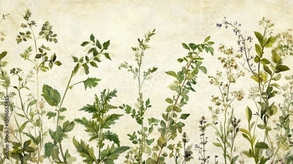 Fototapeta A historical botanical backdrop with medicinal herbs in ink over an antique book-paper texture with watercolor shading