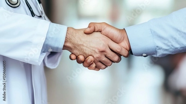 Fototapeta A doctor shaking hands with a patient, symbolizing trust, confidence, and professional care in healthcare