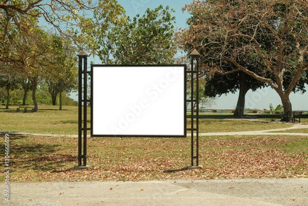 Fototapeta Mock up template: Horizontal billboard out of home (OOH) advertising poster in public park, Display held by iron metal frame design, installed on grass. Trees in background; bright sunny day.
