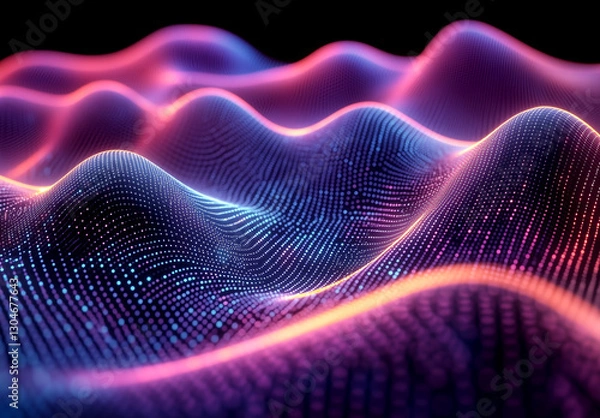 Fototapeta A pink and purple gradient background with glowing dots, featuring undulating wavy lines in the middle of it. The entire scene is filled with light particles that create an ethereal atmosphere.