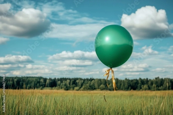 Fototapeta Emerald Balloon Ascending Over Grassy Meadow Against Cloudy Sky