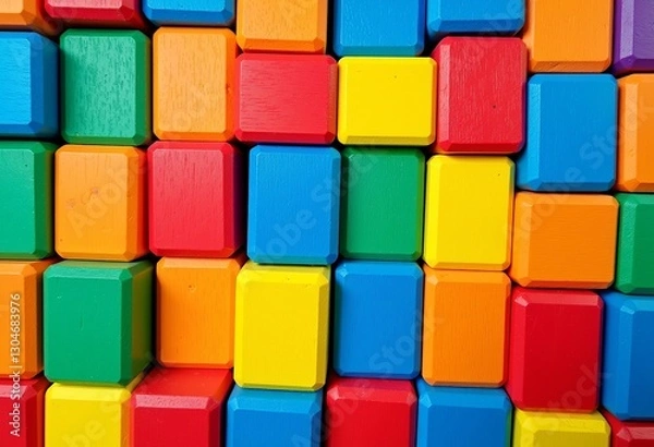 Fototapeta Playful Wooden Block Wall Art: A Bright and Cheerful Close-Up Photograph of a Colorful Wall Made from Rounded Wooden Toy Blocks with Distinct Wood Grain.

