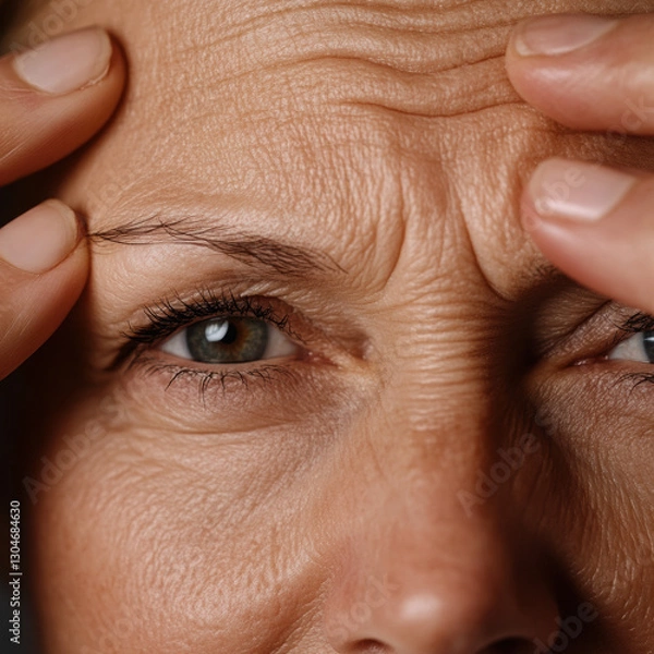 Fototapeta Close up of woman face with prominent wrinkles, focusing on her forehead and eyes, showing signs of aging and expression