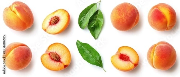 Fototapeta Fresh Peaches on White Backdrop Displaying Vibrant Colors and Juicy Texture in Natural Light for Healthy Eating