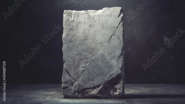 Fototapeta A fractured and eroded stone tablet, partially embedded in a fine-grain surface, bathed in a soft yet directional light