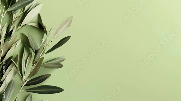 Fototapeta Olive Branches Create Border on a Light Green Background 