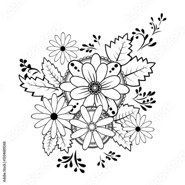 Obraz Intricate hand drawn black and white floral bouquet with decorative flowers, foliage and decorative details. Vector for coloring books, tattoo designs, patterns and botanical illustrations.