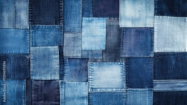 Fototapeta A patchwork of denim squares in various shades of blue