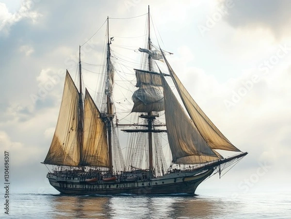 Fototapeta Majestic sailing ship glides across calm sea under cloudy sky