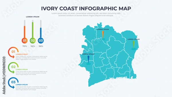 Fototapeta Infographic Map of Ivory Coast. Ivory Coast country map infographic colored vector template with regions and pointer marks.