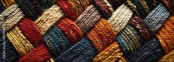 Fototapeta A cozy tweed fabric weaving pattern with warm, autumnal color tones and soft texture