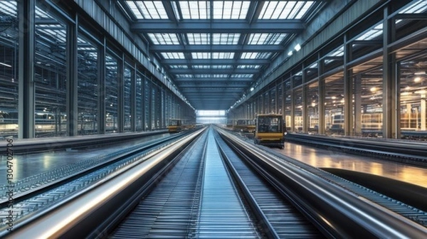 Obraz Modern Seamless Supply Chain Operation Featuring Conveyor Belts Transporting Products in a Large Industrial Warehouse Environment Under Bright Natural Lighting