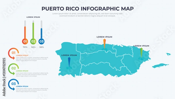 Fototapeta Infographic Map of Puerto Rico. Puerto Rico country map infographic colored vector template with regions and pointer marks.