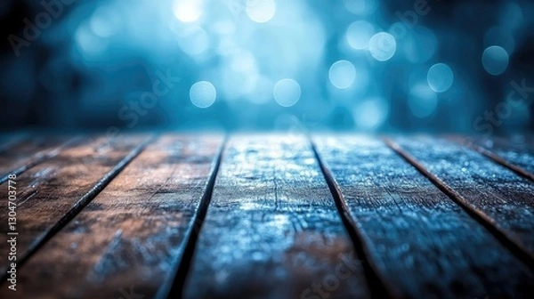 Fototapeta Wooden table with blue bokeh lights in background, abstract blurred dark wooden floor, copy space for product display