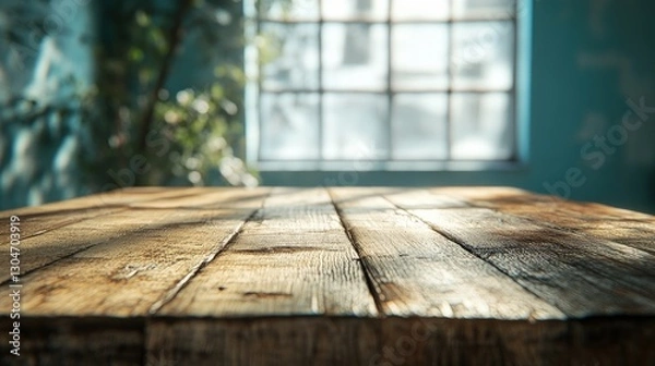 Fototapeta Close-up of aged wooden table with natural light from large windows, depth and texture, space for product display