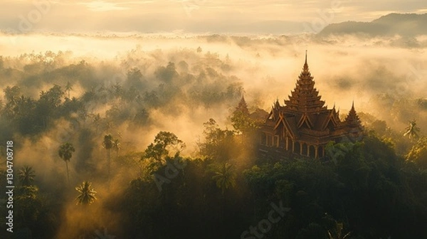 Fototapeta Golden temple sunrise, misty forest.