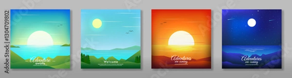 Fototapeta Day, night, morning and evening flat vector mountain landscape with sun, moon and clouds in sky. Landscape nature day and night illustration. Vector concept for any purposes. Design for card, banner.