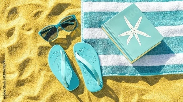 Obraz Bright Summer Essentials on Sandy Beach: Flip Flops, Towel, Sunglasses