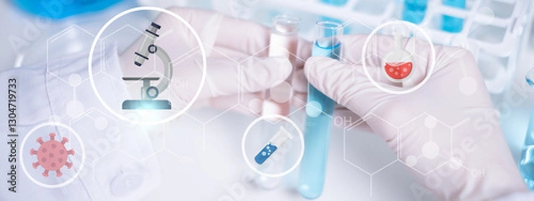 Fototapeta Scientist compare difference between two test tubes laboratory science research chemistry chemical flask microscope virus biohazard