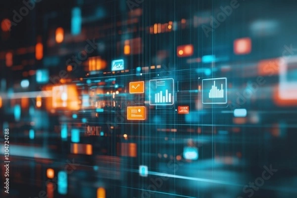 Fototapeta Abstract digital marketing concept with floating dashboard icons for business analytics and data visualization